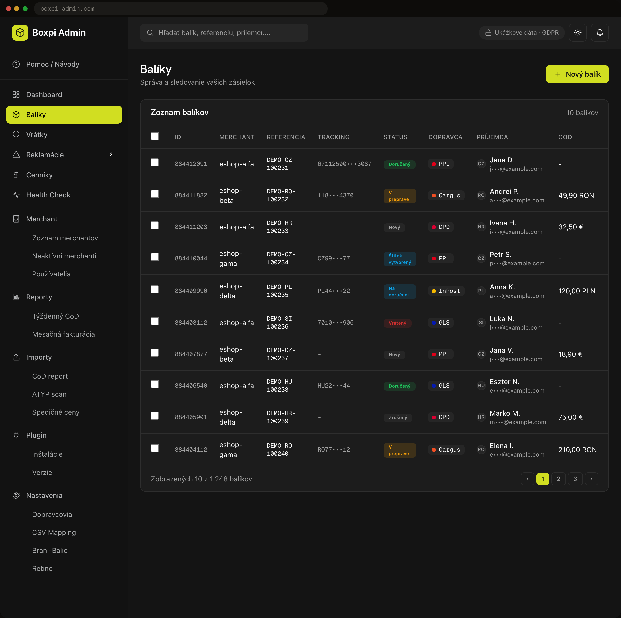 Boxpi shipping console, product screenshot